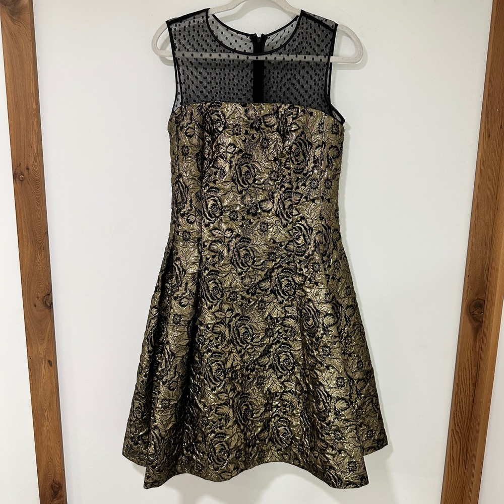 Luxe by Carmen Marc Valvo Dress 8 Gold Black Floral Metallic Brocade Cocktail